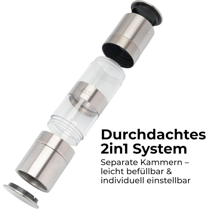 Мельниця для солі та перцю 2-в-1 з нержавіючої сталі | Ручна мельниця для спецій з керамічним жорном та регульованим ступенем помелу