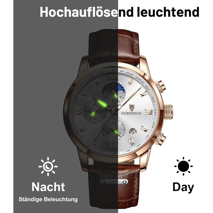 Годинник чоловічий LIGE, Хронограф, Аналоговий кварц, Ремінець з шкіри, Календар, Світлодіодна підсвітка, 3ATM водостійкість, Бізнес-годинник для відпочинку (Коричневий)
