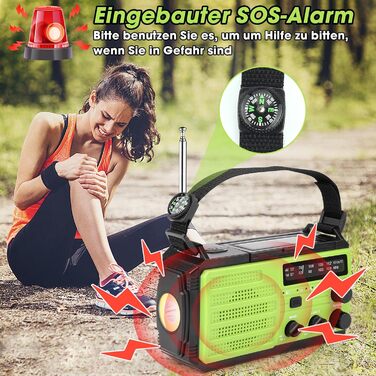 Сонячне радіо Kurbelradio 8000mAh з ручним генератором, AM/FM, LED ліхтарик, SOS, компас, IPX3, для кемпінгу та відпочинку на природі (зелене)