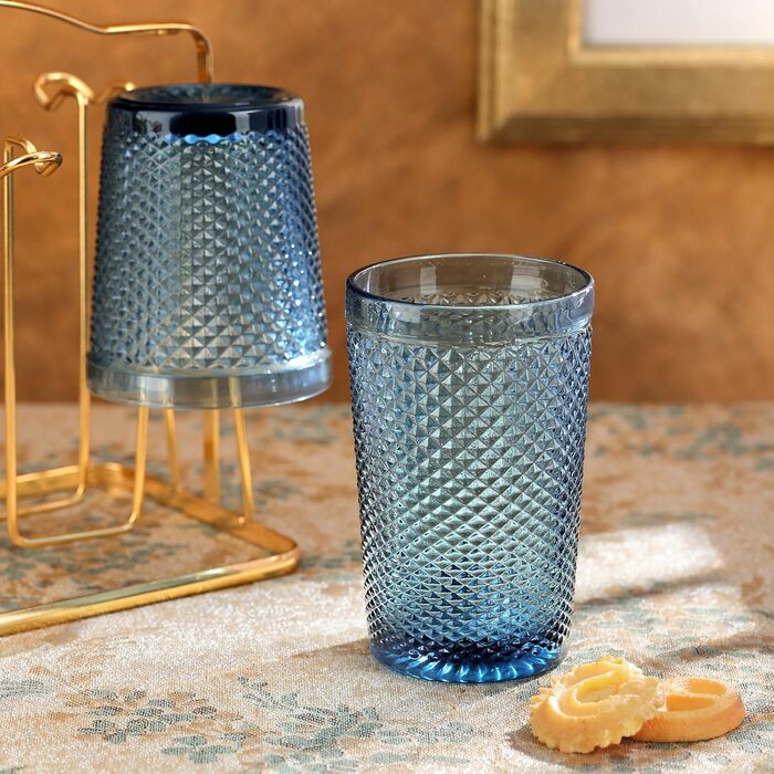 Joeyan 300ml Blue Drinking Glasses Set of 6, Colorful Water Glasses Set with Diamond Relief, Vintage Glasses Set for Home Restaurant Bar, Dishwasher Safe