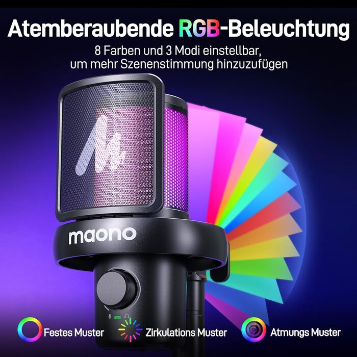 Мікрофон MAONO DM40 бездротовий для ПК з RGB підсвіткою та ШІ-зміною голосу, 3-рівнева шумоподавлення, для геймінгу, подкастингу та стрімінгу (чорний)
