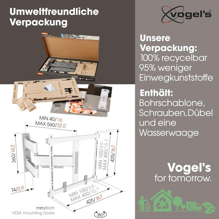 Настінне кріплення для телевізора Vogel's Elite TVM 5445, поворотна, для телевізорів 32-65 дюймів, до 35 кг, VESA 400x400, білий