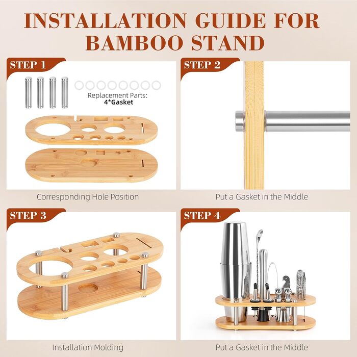 Набір для приготування коктейлів FoiiLiio 12 шт. з шейкером 750 мл, аксесуари для бару, нержавіюча сталь, бамбуковий стійкий, для дому