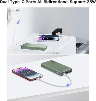 Power Bank Nobis 10000mAh 25W з USB-C кабелем, цифровою індикацією, зелений