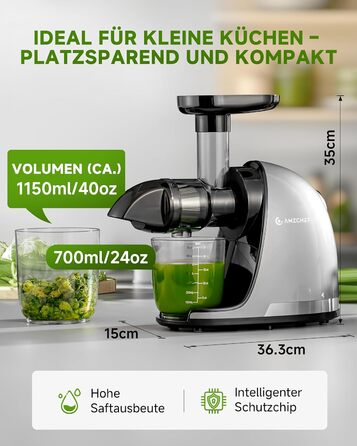 Електричний соковичавник AMZCHEF для овочів та фруктів - Slow Juicer з функцією реверсивного подрібнення, без фільтру, з щіткою та 2 чашками, сріблястий (30x19.6x30 см)