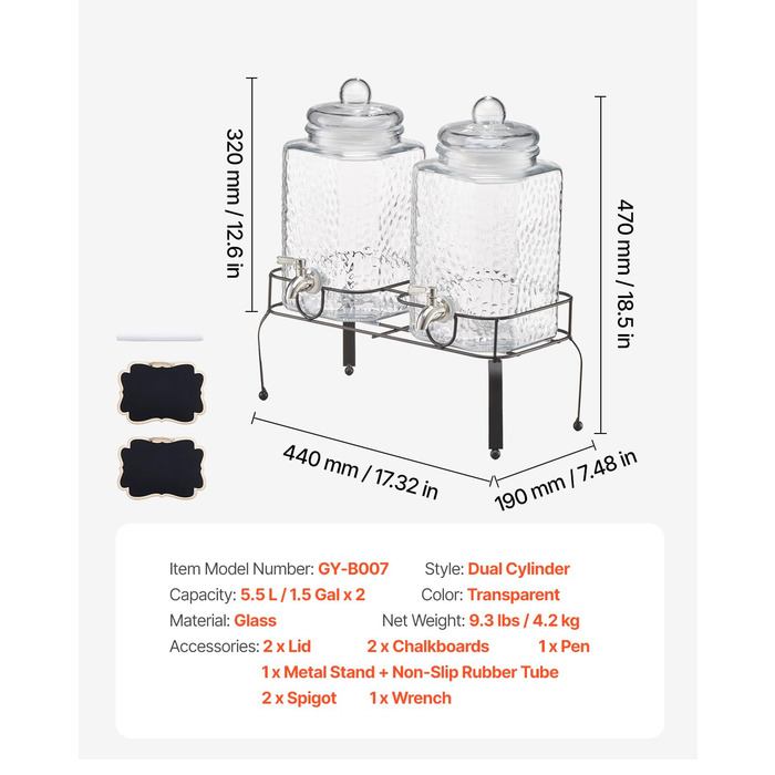 Диспенсер для напоїв VEVOR (2 x 5,5 л) з металевим підставкою, скляний сокодиспенсер з антикрапельним краном, для ресторанів, вечірок, приготування домашніх напоїв