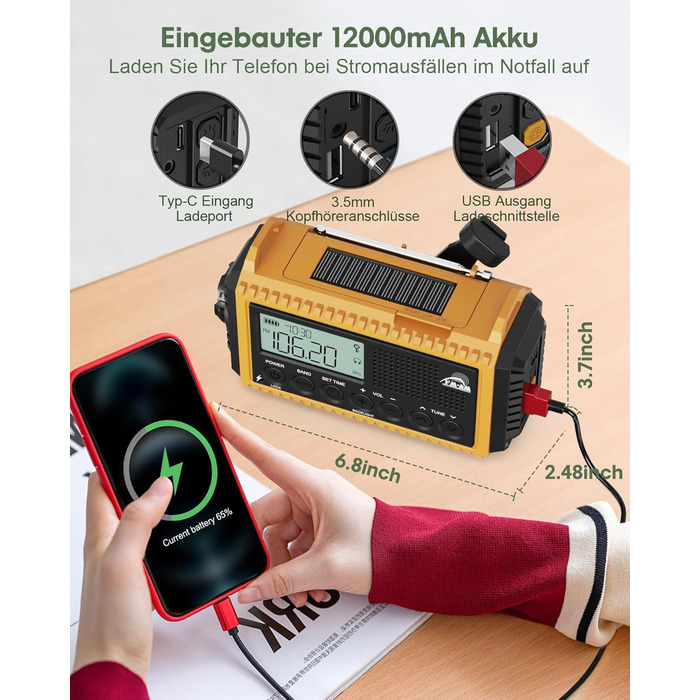 Радіоприймач Kurbelradio 12000mAh з сонячною панеллю та ручкою, AM/FM/SW, USB-зарядка, ліхтарик, SOS-сигнал, для кемпінгу та надзвичайних ситуацій, зелений