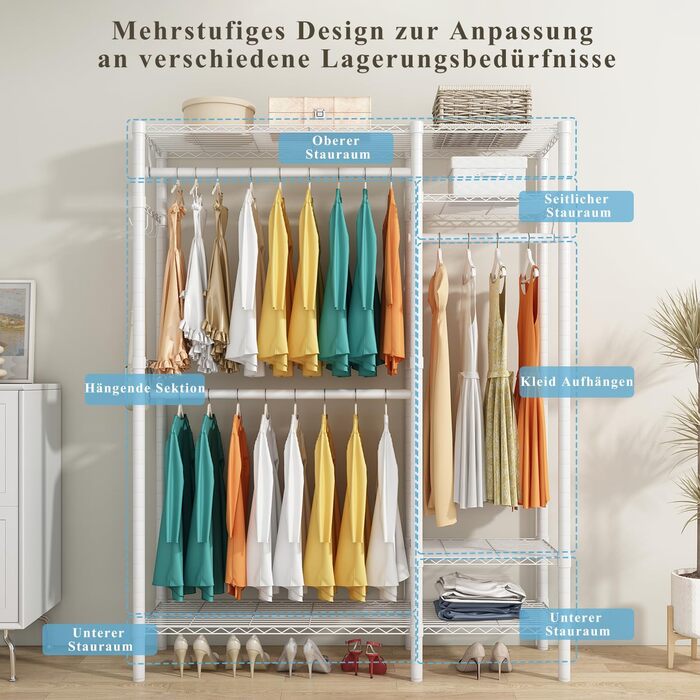 KZOBYD Clothes Rack, Freestanding Clothes Rail with Shelf Metal Wardrobe with Hanging Rods Open Closet with 4 Adjustable Shelves for Coats, Dresses, Shoes (White)