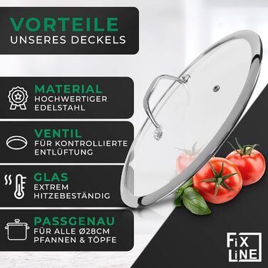 FIXLINE® Сковорода Black Forest 28 см - антиадгезійне покриття без PTFE - для всіх типів плит (в т.ч. індукційних) - придатна для духовки до 230°C - легке миття - ідеальна ідея для подарунка (кришка, 28 см)