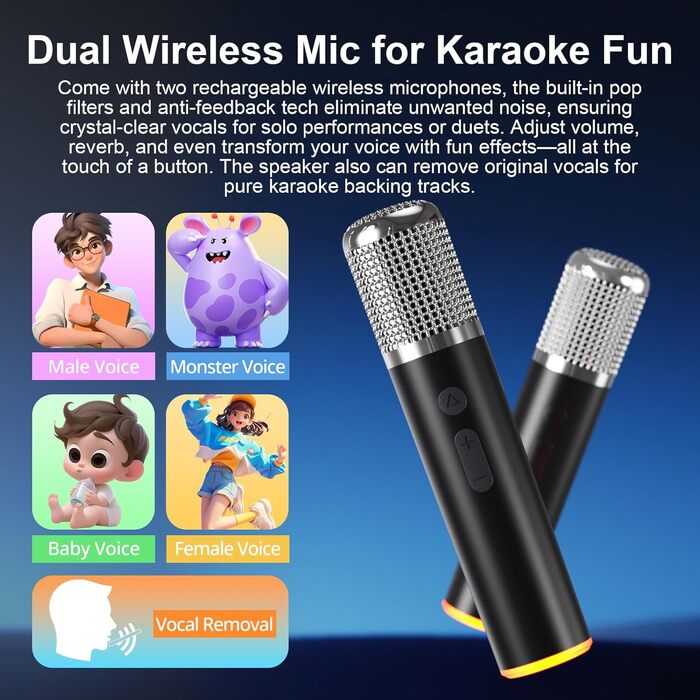 Портативна Bluetooth-колонка караоке з 2 бездротовими мікрофонами, RGB-підсвічуванням, регулюванням високих та низьких частот, ефектами голосу, AUX/USB/TF/OTG, 6.5 мм роз'єм, для вечірок (білий/чорний)