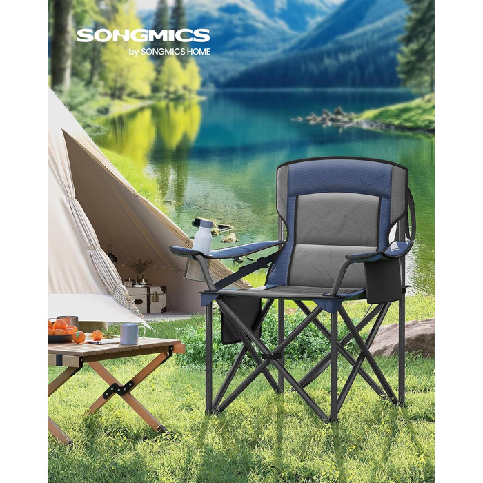 Крісло складане SONGMICS для кемпінгу з підсклянником, блакитне (до 205 кг)