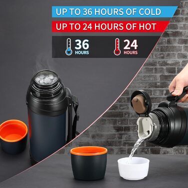2.5L Thermos Flask/Thermos Jar, Stainless Steel Insulated Flask/Drinking Bottle, Insulated Flask with 2 Drinking Cups, Double-Walled Insulation Camping Water Bottle, 24h Hot & Cold (Dark Blue)