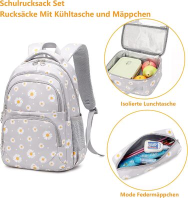 Шкільний рюкзак для дівчаток-підлітків, вінтажний рюкзак-сет, квітковий дизайн, рюкзак для ноутбука, шкільні сумки для жінок, школа, подорожі, з ланч-пакетом та пеналом 3 в 1, сірий