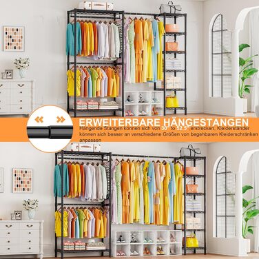 Розширюваний вішак для одягу, металевий гардеробний стійка з регульованими полицями, важкий, чорний