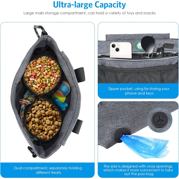 Сумка для ласощів для собак Brifit з магнітною застібкою, для тренувань, з регульованим шнурком, знімною внутрішньою кишенькою та дозатором для пакетів, 4 x 22 x 27 см