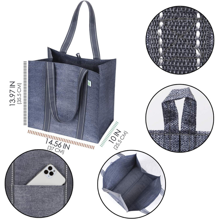 VENO 34 Liter Large Shopping Bag Foldable with Sturdy Bottom and Front Pocket, Reusable Shopping Bags Water-Resistant Tote Bag Shopping Basket for Shopping, Picnic (Gray, 4-Pack)