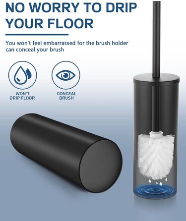 Hoomtaook Toilet Brush with Holder, WC Brush Black, Freestanding Toilet Brush Stainless Steel with an Extra Replacement Head, Black