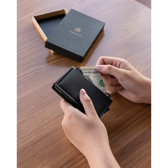 Чоловічий гаманець-картхолдер VULKIT зі шкіри з RFID захистом, чорний (Litchi). Місткість: 5-7 карт + гроші
