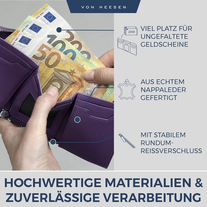 VON HEESEN Leather Wallet with RFID Blocker - Wallet for Women & Men made of Genuine Leather - Wallet with Coin Pocket - Purse for Women and Men in Violet