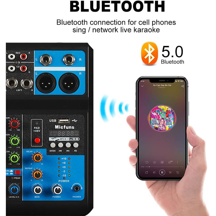 Міні аудіо DJ-мікшер 5-канальний з Bluetooth, USB, MP3, 48V фантомним живленням, стерео, для професійного студійного та сценічного використання, вечірок, KTV