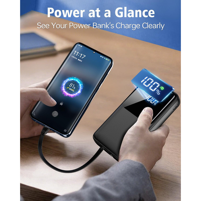 Power Bank 40000mAh з 3 портами USB та 2 кабелями, чорний. Сумісний з iPhone, Samsung Galaxy