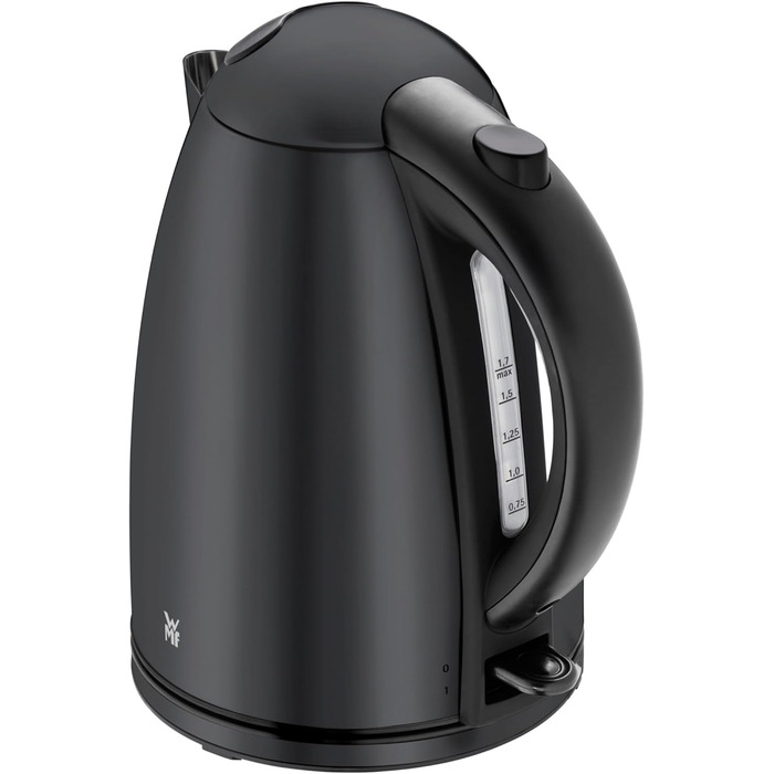 WMF Stelio Electric Kettle, Stainless Steel, 1.7L, Electric Kettle with Scale Filter, 2400 W, Illuminated Water Level Indicator, Matte Black Stainless Steel
