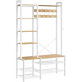 VASAGLE Coat Rack with Shoe Bench, Coat Stand, 5 Shelf Levels made of Particleboard, 9 Triple Hooks, 6 Side Hooks, 40 x 120 x 190 cm, Stone Grey-Ink Black HSR426B04 (Golden Oak + Cloud White)