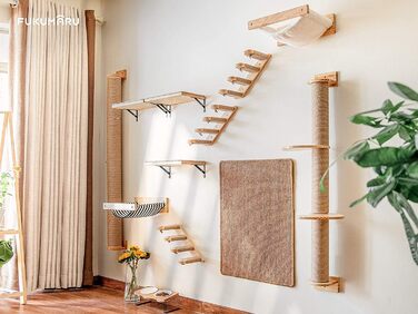 FUKUMARU Climbing Wall for Cats, Cat Bed Wall made of 2cm thick solid rubber wood with durable sisal scratching mat, 40x25cm Wall Cat Lounger/Cat Ladder