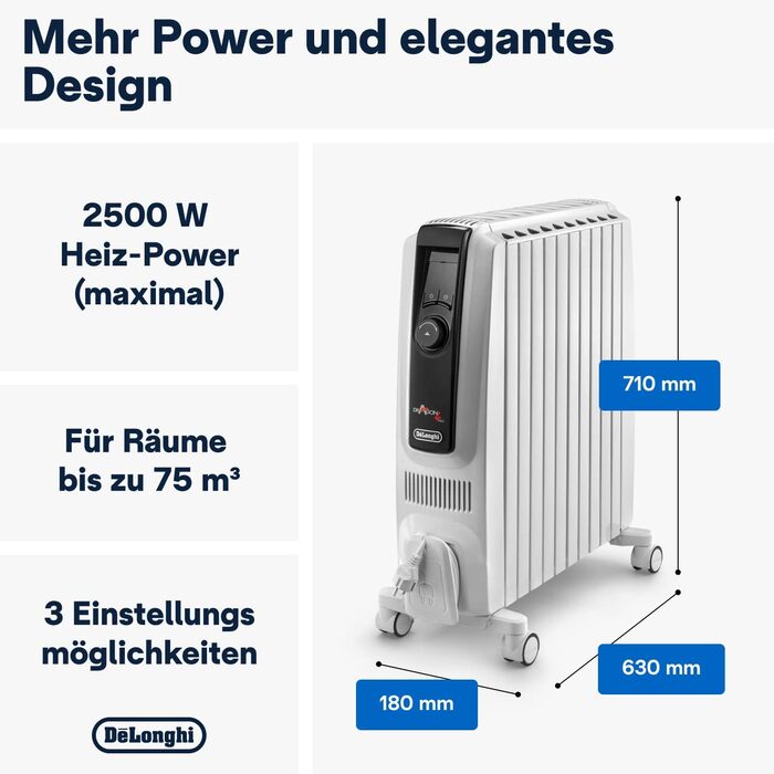 Радіатор масляний De'Longhi Dragon 4 Pro TRDX41025E, 2500 Вт, білий, з таймером та захистом від замерзання