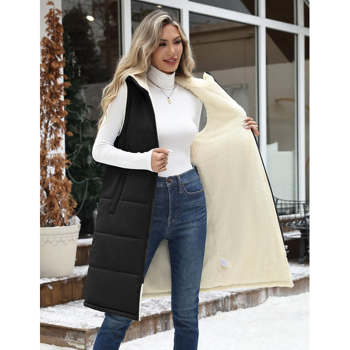 Жіноча довга жилетка Vancavoo з капюшоном на осінь/зиму: степкова, без рукавів, з флісовою підкладкою, тепла, чорна, розмір L