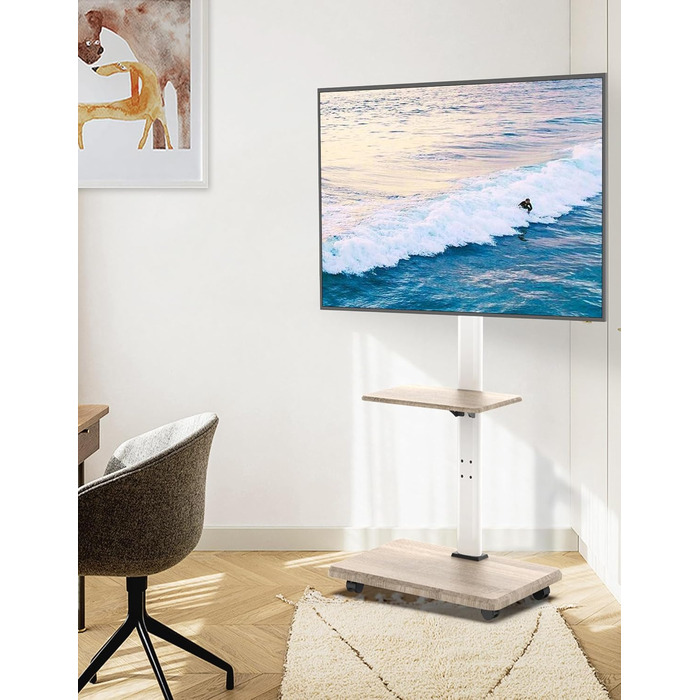 Підставка для телевізора Delphos Mobiler TV Stand - роликова, з дерев'яною основою, для телевізорів 32-70 дюймів, до 45 кг, регульована висота до 130 см, поворотна ±25°, VESA 600x400, біла