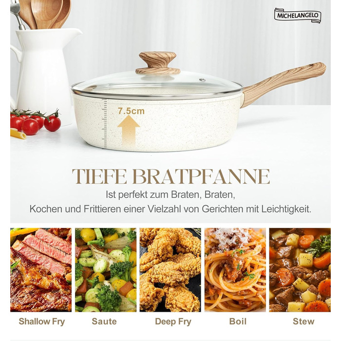 Сковорода з антипригарним покриттям Michelangelo з кришкою 28 см, глибока сковорода з кришкою, сковорода для тушкування 28 см, індукційна сковорода з антипригарним покриттям з м'якою бакелітовою ручкою, підходить для індукційних плит, чорна