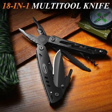 RoverTac Multitool Pocket Knife Tool Gifts: 18-in-1 Multifunction Tool Camping Accessories, Multitools Folding Knife Pliers Scissors Saw Corkscrew Bottle Opener, 9-Pack with Nylon Sheath