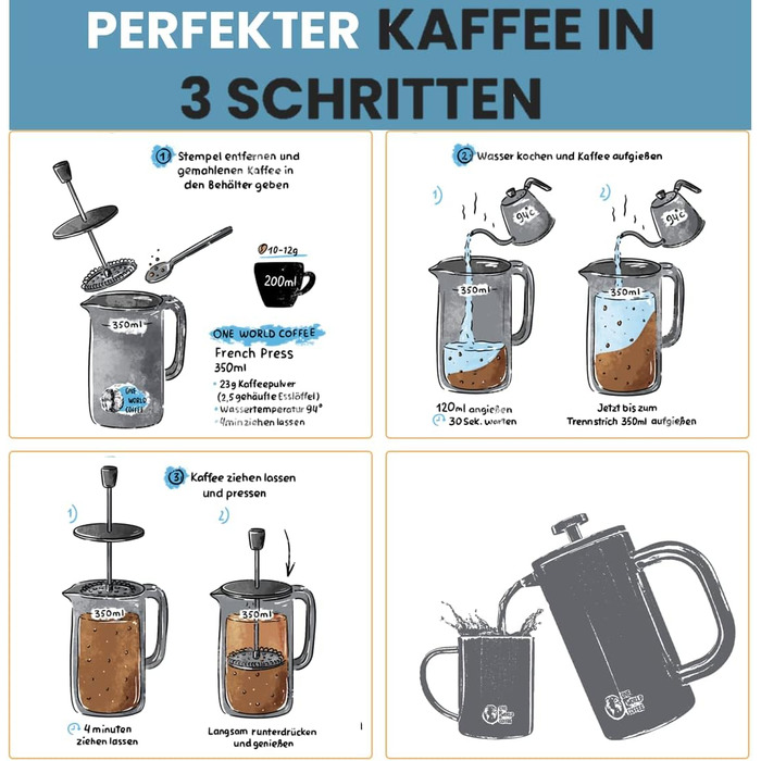 Набір для приготування кави One World Coffee® French Press та чашка з нержавіючої сталі, подарунковий набір для відпочинку на природі