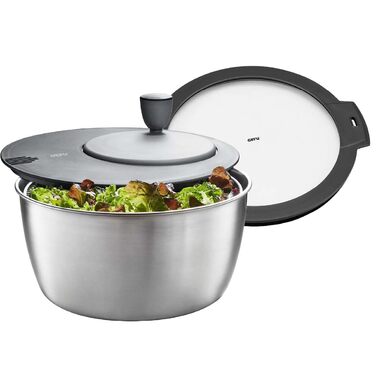 Салатниця GEFU з механізмом Push - 5 л, вбудований виливач, кнопка стоп, неслизька, придатна для миття в посудомийній машині (4л, кришка, срібло + кришка для зберігання)