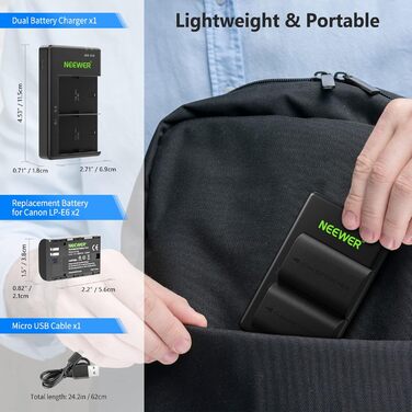 Запасний акумулятор Neewer LP-E6/LP-E6N для Canon (2 шт., 2000mAh) з зарядним пристроєм, сумісний з EOS 7D Mark II, 5D Mark IV та ін.