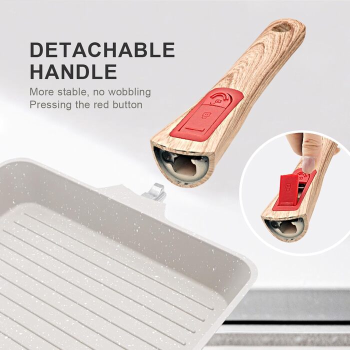 Сковорідка гриль 24x24 см з знімною ручкою, алюмінієва антипригарна сковорода для стейків, підходить для посудомийної машини та духовки (біла) 24 см