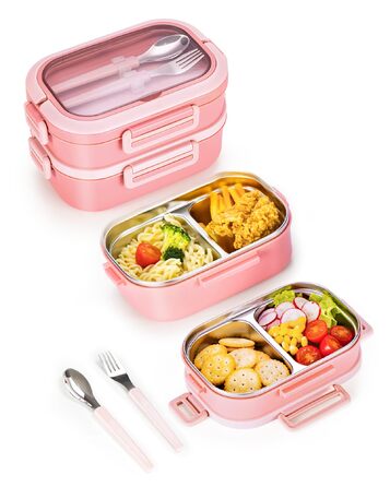 Ланчбокс Lille Home з 2 ярусами, 4 відділення, 1650 мл, з посудом, BPA-free, не протікає (Зелений) (Рожевий)