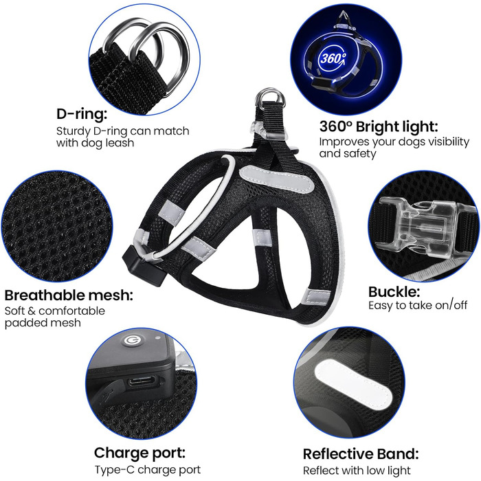 Світлодіодне обіднє намисто для собак PcEoTllar з LED підсвічуванням, перезаряджуване, світловідбиваюче, для дрібних та середніх собак, дихаюче, рожеве (3 режими) (S, чорний (9 режимів))