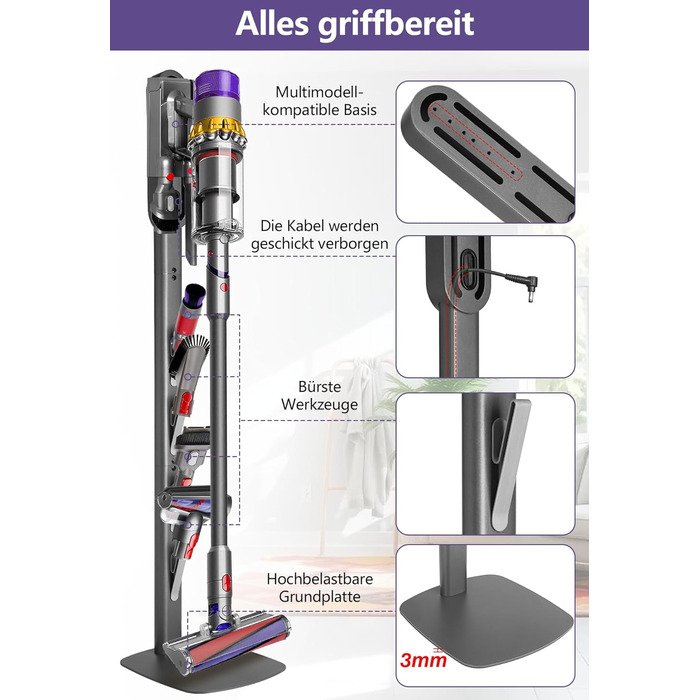 Кріплення та зарядний стан для пилососів Dyson V8–V15 та Gen5 – настінний тримач для акумуляторного пилососа з органайзером для насадок, щіток та кабелю, темно-сірий