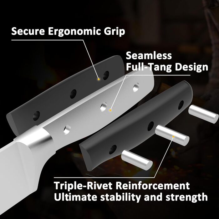 Набір ножів у блоці 13 предметів з нержавіючої сталі з ергономічними ручками, кухонний набір ножів, дерев'яний блок з шкіряним ремінцем