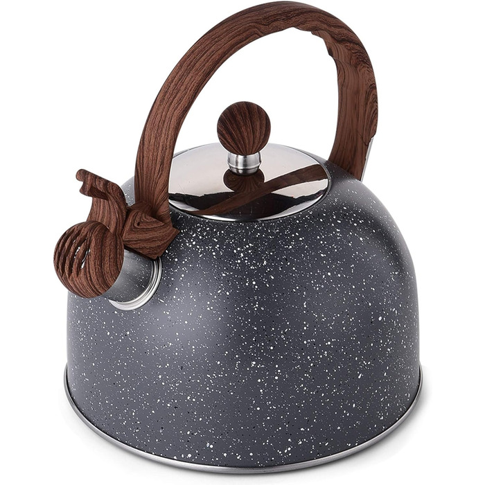 Чайник VONIKI з нержавіючої сталі 2,5 л з свистком для плити, з дерев'яною ручкою, сірий, для приготування чаю та як подарунок