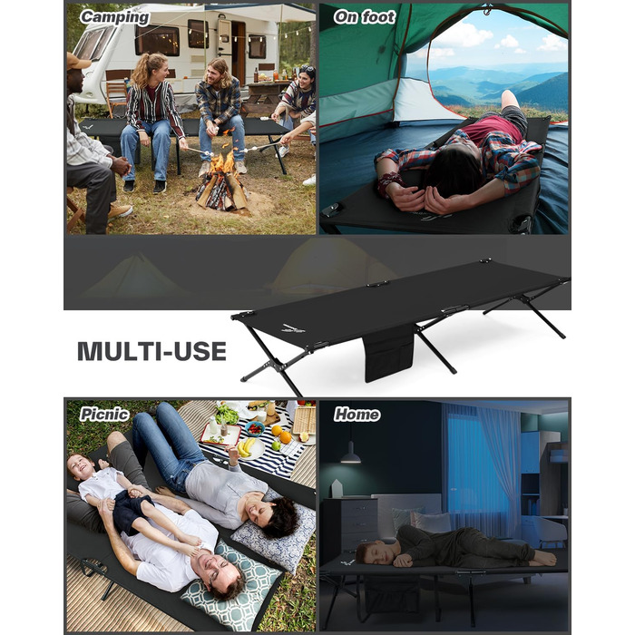 Розкладне ліжко Sportneer для кемпінгу та відпочинку на природі, 199x73 см, чорне