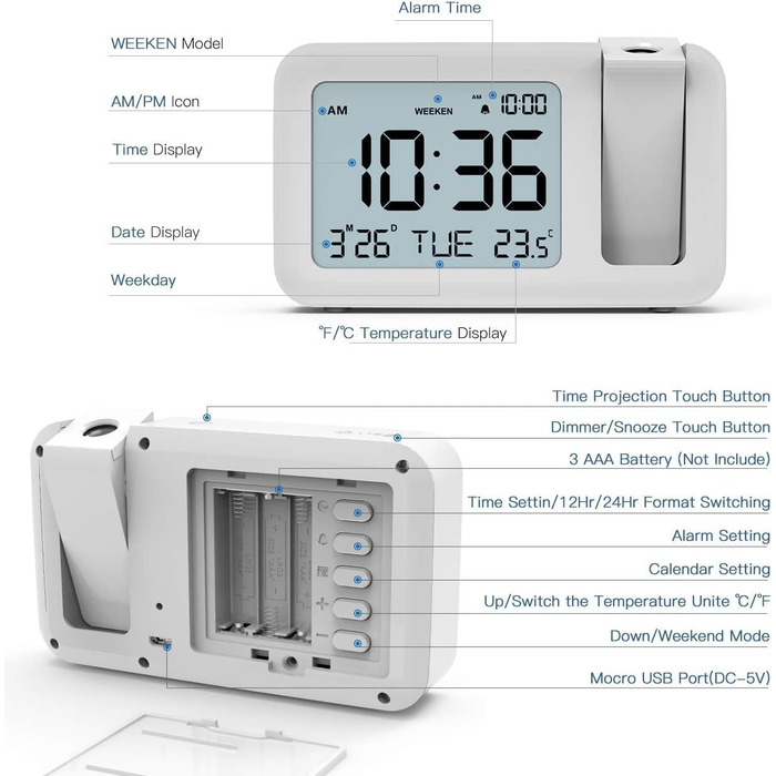 Projection Alarm Clock, TedGem Travel Alarm Clock Digital Clock Table Clock 3.8