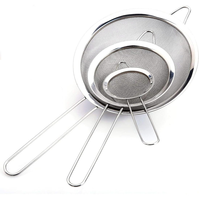 Набір кухонних сит з нержавіючої сталі, 3 шт (7/12/18 см), з посиленим руків'ям, дрібний сито, для випічки, приготування їжі, просіювання, соку