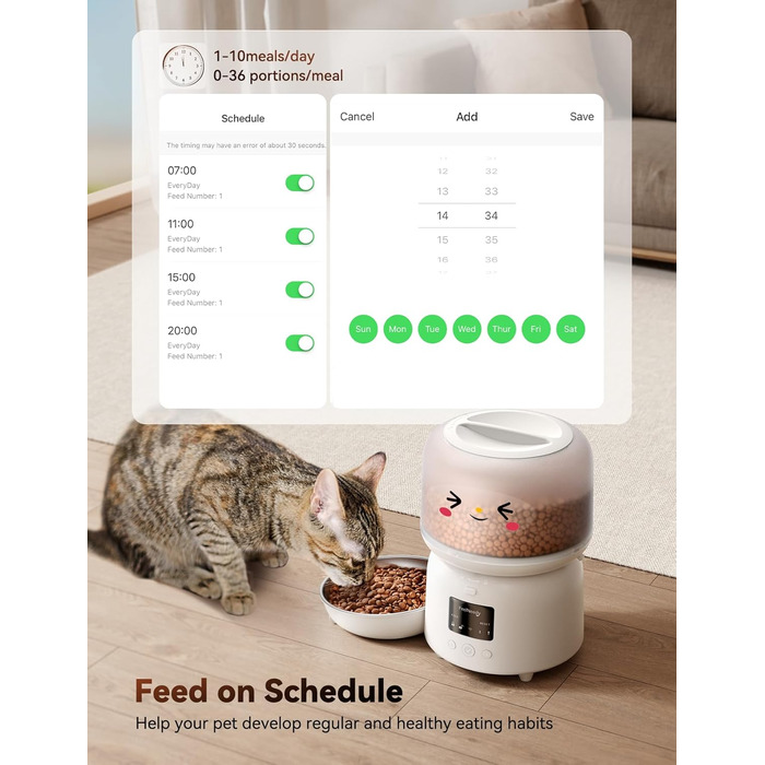 Автомат годування котів FEELNEEDY з додатком, WiFi, нержавіюча сталь, 3L, білий. Програмування до 10 прийомів їжі на день, сповіщення про застрягання корму та низький заряд батареї