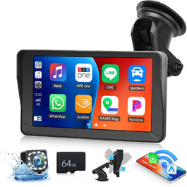 Автомобільна навігація CAMECHO 2025 з 7'' HD дисплеєм, бездротовим CarPlay та Android Auto, Bluetooth, FM-трансмітером, AirPlay, AUX, кріпленням на панель, камерою заднього виду, 64ГБ TF-карта