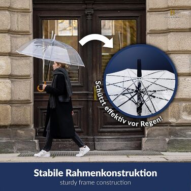 Logan & Barnes Transparent Wedding Umbrella with Real Wood Handle - 120cm Large Umbrella for 2 People - Cardiff XL Model - 120cm Transparent Umbrella with Black Trim