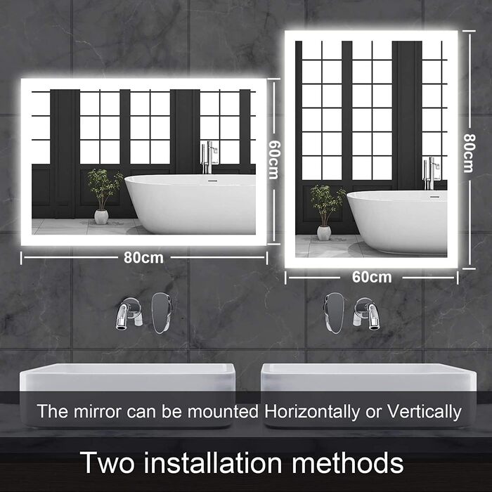 Дзеркало для ванної кімнати з підсвіткою 100x60 см, сенсорне керування, IP65, 3 кольори, функція пам'яті, HD скло, горизонтальне/вертикальне встановлення