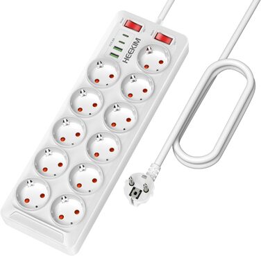 Многофункціональна мережева планка з USB, 11 розеток, вимикач, 2 USB-A та 2 USB-C порти, 4000W, 16A, 2 вимикачі, 2м кабель - білий